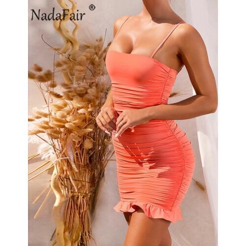 Nadafair Sexy Women Dress Party Night Mini Slash Neck Ruffles Ruched Solid Club Summer Bodycon Dress Women