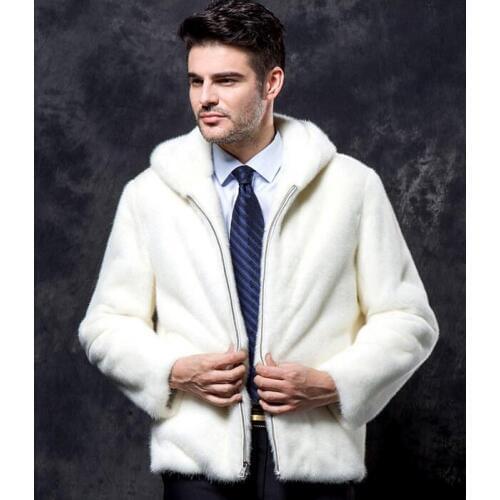 Winter thicken thermal mink hair leather jackets men casual mens short design coats hooded medium-long outerwear overcoat white