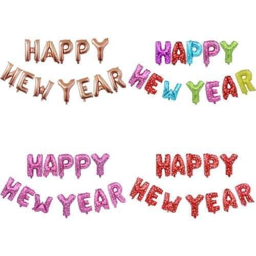 12pcs 6 Colors 16 Inch English Character Happy New Year Balloons Aluminum Foil Balloon Annual Meeting Decor Home Party Supply