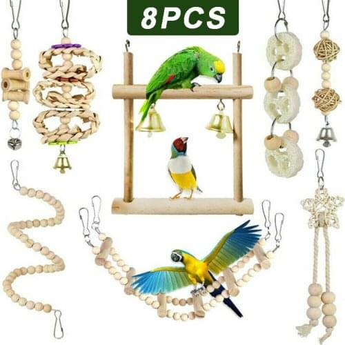 8Pcs/set Bird Parrot Toys Hanging Swing Perch Stand Cage Chew Chewing Bell Toy Wood Spiral Ladders For Bird Climbing