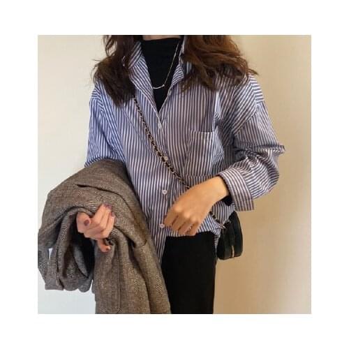 Kpop blouse for women Korean-style Blue And White Vertical Striped Shirt WOMENS Shirt Female Long Sleeve Tops Loose-Fit Lazin