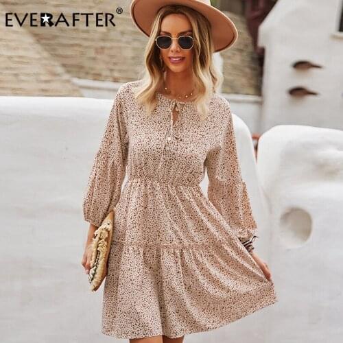 EVERAFTER Elegant O-neck Long Sleeve A-line Lace-up Women Dress Autumn Leopard Print Office Buttons Midi Vestidos Female Dresses