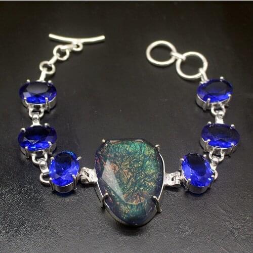 Gemstonefactory Jewelry Big Promotion Single Unique 925 Silver Blue Topaz Iolite Dichroic Glass Women Bracelet 18-20cm 20210053
