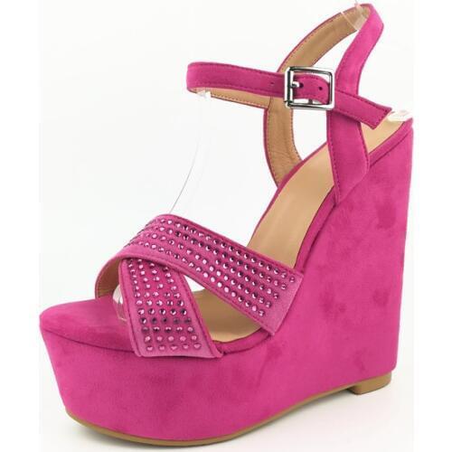 Summer Crystal Drilled Cross Strap Super Wedge Heels Sandals Rose Flock Leather Platform Ladies Peep toe Sandalias Shoes