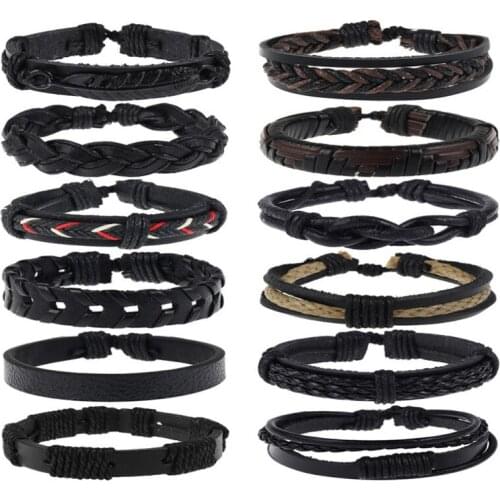 Punk Fashion Vintage Men Multilayer Bracelets Set Ethnic Black Braided Leather Rope Charm Wristbands Bangle Hiphop Women Jewelry