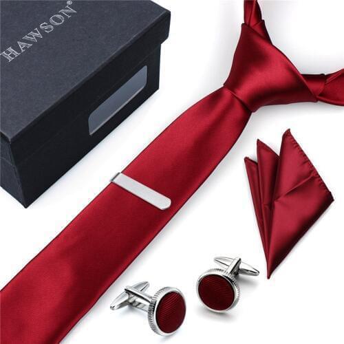 HAWSON Red Cufflinks and Tie Clip Silk Tie Set Fashion Necktie Skinny Slim Ties for Grooms Wedding or Bussiness