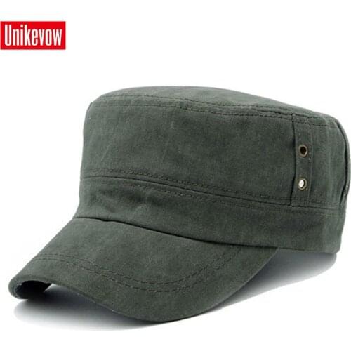 UNIKEVOW solid cotton Army Cap Washed Flat top Hat for men Military cap with fashion logo Sport breathable cap