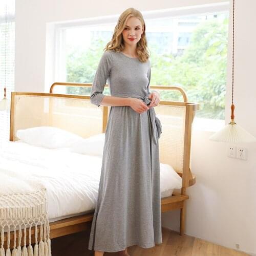Autumn Winter New Dress Womens Nightdress Solid Color Super Long Lace Up Round Neck Home Clothes Nightgown Female Sleepwear