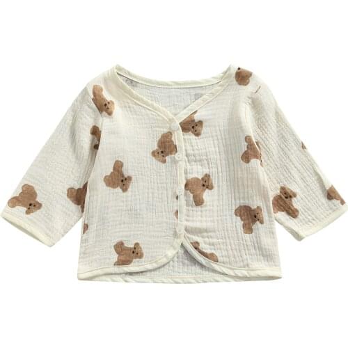 2021 New Hot Baby Girls Toddlers Autumn Jacket, Bear/Flower Print V-Neck Long Sleeve Button-Open Cardigan for Girls, 0-3 Years