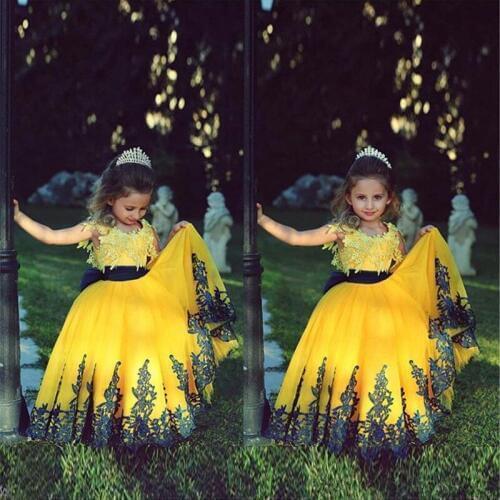 Flower Girl Dresses With Lace Applique Yellow and Dark Blue Ball Gown First Communion Dress for Girls
