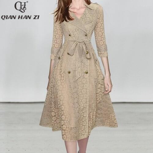 Qian Han Zi designer fashion Double Breasted lace dress 3/4 Sleeve vintage Flower see-through belt slim dress women new autumn