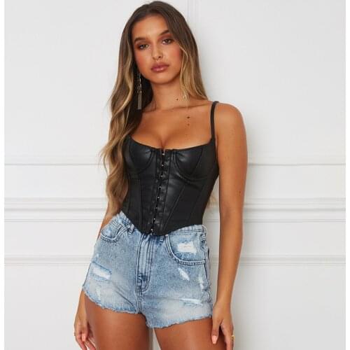 Sexy Black PU Leather Bustier Womens Short Corset Female Crop Top Fashion Sleeveless Strap Camis Clubwear Low-cut Slim Camis