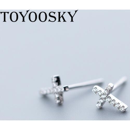 TOYOOSKY 925 Sterling Silver Earrings for Women Simple Crystal Cross Earrings Mini Geometric Ear Studs Jewelry Brincos 2019