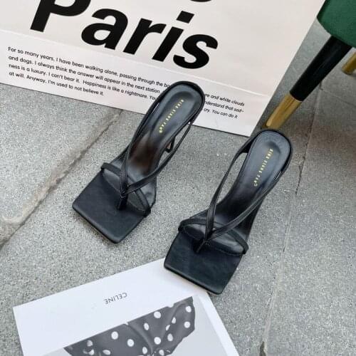 2021 Summer Luxury Women White High Heels Slippers Mules Square Toe Pink Stiletto Heels Slides Beach Flip Flop Female Prom Shoes