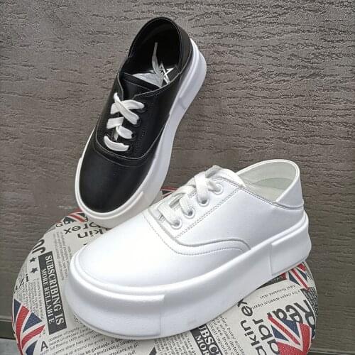 2021 spring thick-soled pure leather white shoes, two-wear all-match platform shoes, lace-up Lok Fu single shoes women