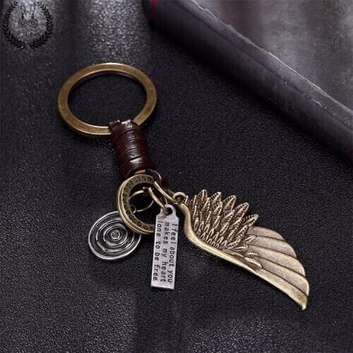 Vintage alloy animal wing suspension pendant keychain key ring mens 2020 Retro leather cowhide car keys holders trinket jewelry