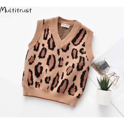 V-neck Leopard Pattern Knitted Sweater Vest Girl Loose Sleeveless Fashion Short Pullover Sweater Vest Toddler Spring Autumn 2020