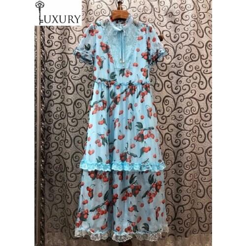 Fashion Top Grade Designer Summer 2020 Women Sweet Fruit Print Elegant Lace Patchwork Short Sleeve Blue Black Dress Chic
