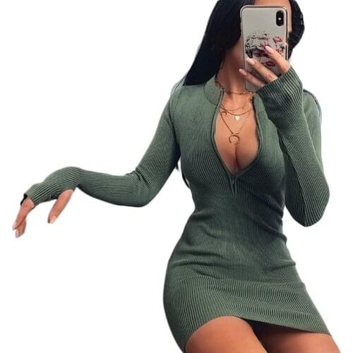 Womens Long Sleeve Ribbed Knitted Bodycon Mini Pencil Dress Half Zip Front Sexy Deep V-Neck Solid Color Stretch Clubwear