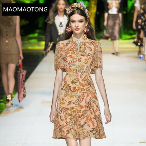 Fashion Designer Summer Vintage Mini Dresses Womens Stand-up Collar Beading Floral Print Chiffon Short Party Dress