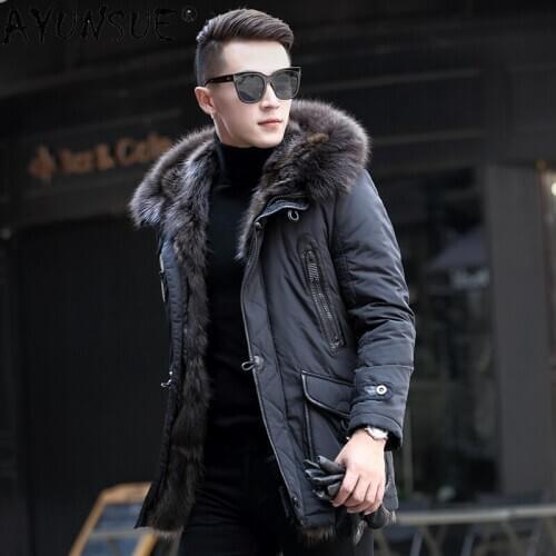 AYUNSUE Men Clothing Winter Jacket Mens Real Raccoon Fur Mens Jackets 5XL Thick Parkas Shearling Long Coat Male Jaqueta LXR371