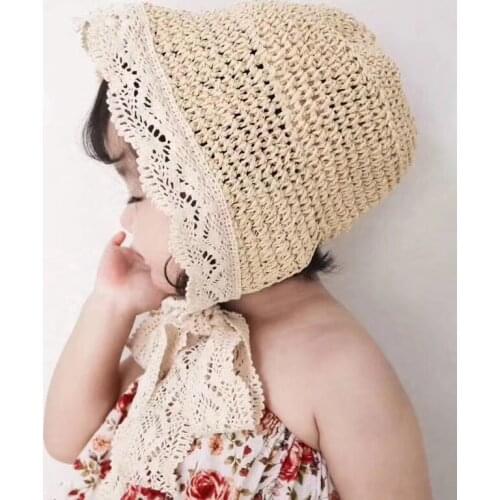 Kids hat for beach Baby Girl lace strap sun hat handmade hat children summer travel hat loli girl folding beach hat with Bandage