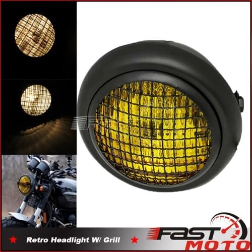 For Harley Scrambler Custom Chopper Cafe Racer Retro Yellow Lens Headlight Fog Light Mesh Grill Guard High/Low Beam Headlamp
