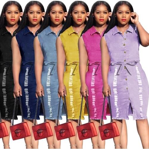 European and American sexy fashion personality summer commuting ladies sleeveless plus size ripped denim skirt dresses women