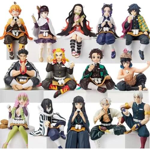 Anime Figures Demon Slayer: Kimetsu no Yaiba Kamado Tanjirou Agatsuma Zenitsu Eat Rice Balls PVC Figure Figurine Toy with Box
