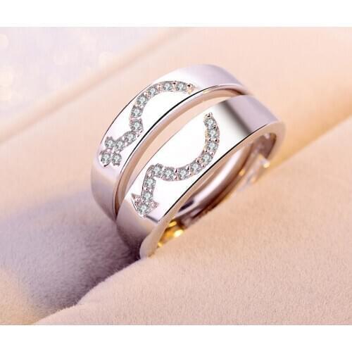 New Fashion 925 Sterling Silver Male And Female Labels Zircon Lovers Set Rings Open Adjustable Fine Ring Women&Men Jewelry Gift