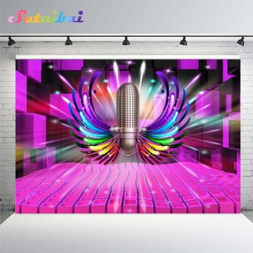 Colorful Wings Dream Music Stage Purple Rays Backdrop Girl Birthday Party Decor Microphone Musical Notes Photo Background
