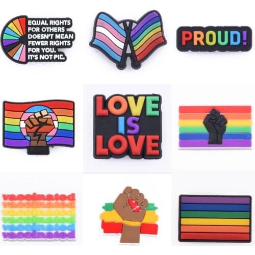 Hot Sale 1 Pcs PVC Adult Croc Shoe Charms Rainbow Flag Clog Shoes Decorations LGBT Proud Bracelet Accessories Peace Love Is Love