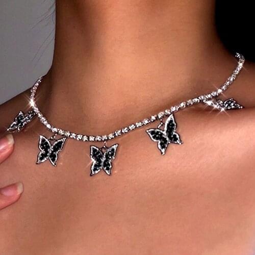 2021 New Rhinestone Paved Metal Butterfly Tennis Chain Necklace For Women Shiny Crystal Rhinestone Animal Choker Party Jewellery