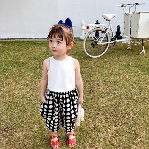 2021 Summer New Korean Girls Two-piece Suits childrens Girls Sleeveless O-neck Tops + Polka Dot Print Pants Sets