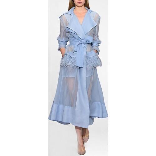 2018 New Autumn Fashion Casual WomensTrench Coat X-Long Feathers Spliced Outerwear Loose Clothes for Lady with Belt