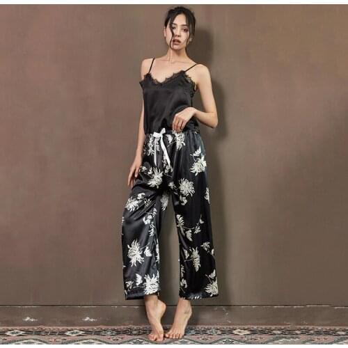 2Pcs/Set Womens Pajamas Sexy V-Neck Lace Sling Top Printing Wide Leg Pants Casual Home Trousers Suit Ladies Nightwear Underwear