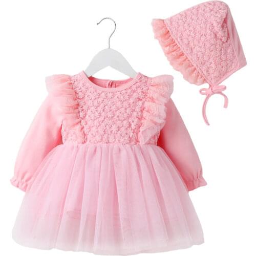 Baby Girl Dress Newborn Girl Clothes Autumn Sheer Dress Ruffle Lace Toddler Dress Flower Girl Dresses for Weddings with Hat 2021