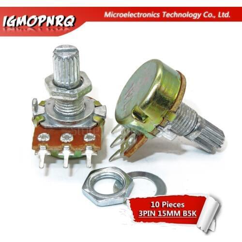 10pcs WH148 B5K 3PIN Potentiometer 15mm Shaft With Nuts And Washers Hot High Quality Single couplet potentiometer