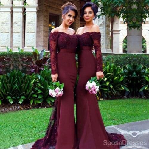 Simple cheap long sleeves mermaid burgundy hot beach wedding bridesmaid dresses women party dresses
