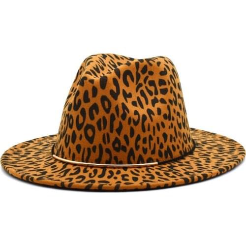 New 21 Female Jazz Hat Leopard Print Fedora Hat Winter Hat Artificial Wool Blend Wide Brimmed Jazz Hat Church Derby Flat Top Hat
