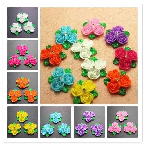 10PCS 30mm Cute Resin Three-Flower With Rhinestone Flatback Cabochon DIY Scrapbooking Decorative Craft Making