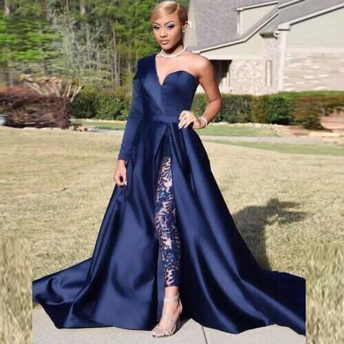 Navy Blue Evening Dresses Long One Shoulder Full Sleeves Formal Party Gowns Floor Length Evening Dress Vestido de festa 2019