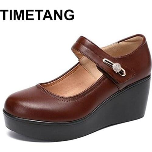 TIMETANG2020 spring leather shoes women platform wedge shoe high heels round toe comfortable black women pumps big size 33-43