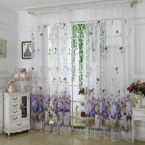 1 Pc Curtain Rod Through Design Peony Flower Printed Polyester Tulle Voile Drape Window Home Decor Living Room Bedroom Hotel
