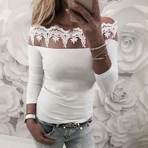 Kayotuas Women Blouse Autumn Sexy Long Sleeve Slim Fit Ladies White Lace Off-the-Shoulder Shirt Casual Tops Streetwear