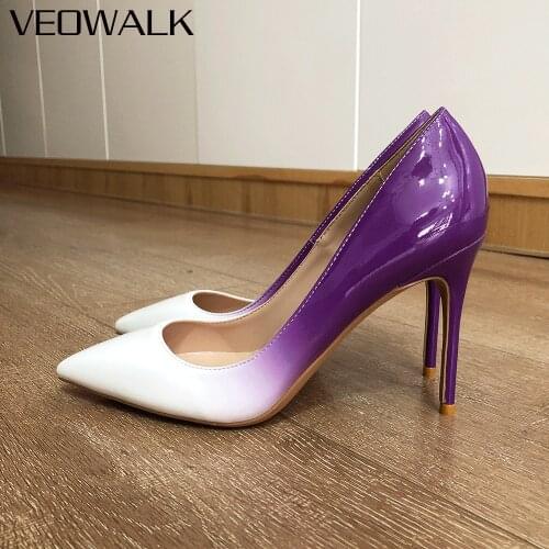 Veowalk Purple White Gradient Women Glossy Stilettos High Heels Pointed Toe Slip On Pumps Chic Ladies Formal Dress Shoes