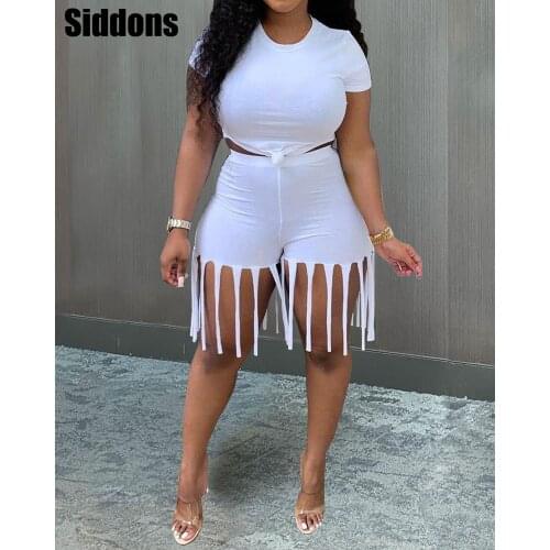 Summer Two Piece Set Skinny Crop Top And Tassel Biker Shorts Summer Outfits for Women Beachwear Matching Sets