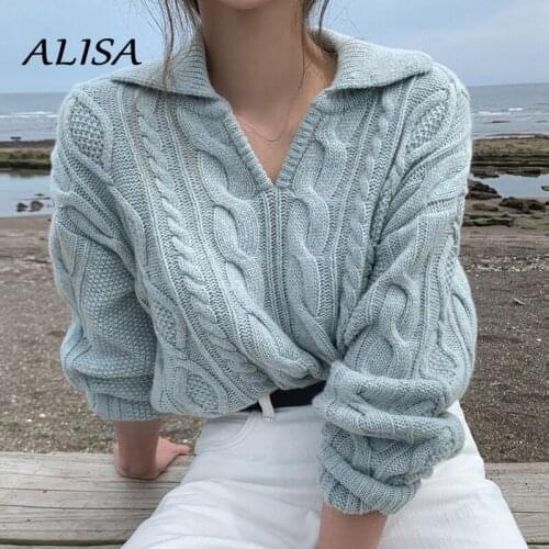 Women Korean Sweater Lapel Retro Twist Loose Lazy Pullover Top Auutmn Winter Long-sleeved Casual Solid Knitted Sweater