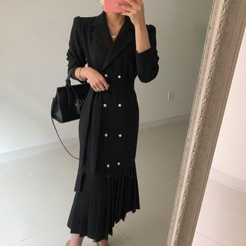 2020 Autumn Korean New Fashion Chic Office Lady Long Dress Women Elegant Blelted Slim Pleated Mermaid Dresses Robe