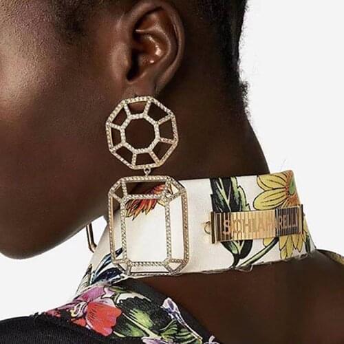 ZHINI Bohemia Punk Gold Color Statement Earrings for Women Simple Geometric Hollow Dangle Drop Earring Rhinestone Jewelry Gift